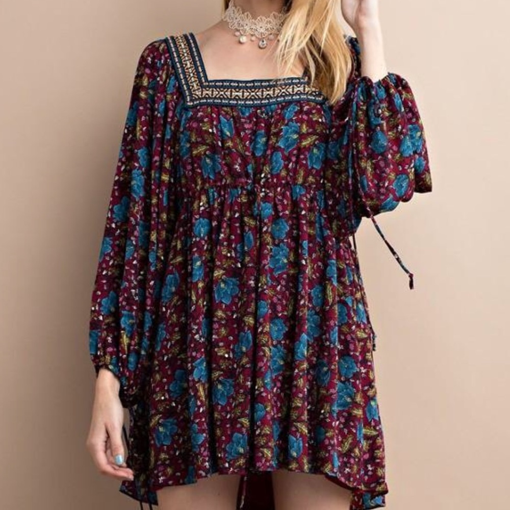 ❗️CLOSING SALE❗️Deep Wine & Blue Long Sleeve Dress - Picture 3 of 3
